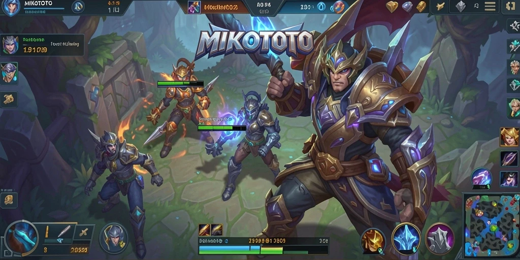 Tangkapan layar gameplay MIKOTOTO yang menunjukkan aksi epik karakter dalam pertempuran.