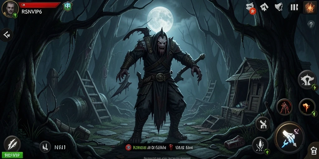 Screenshot gameplay RSNVIP6 menunjukkan suasana mencekam dan karakter yang menakutkan.