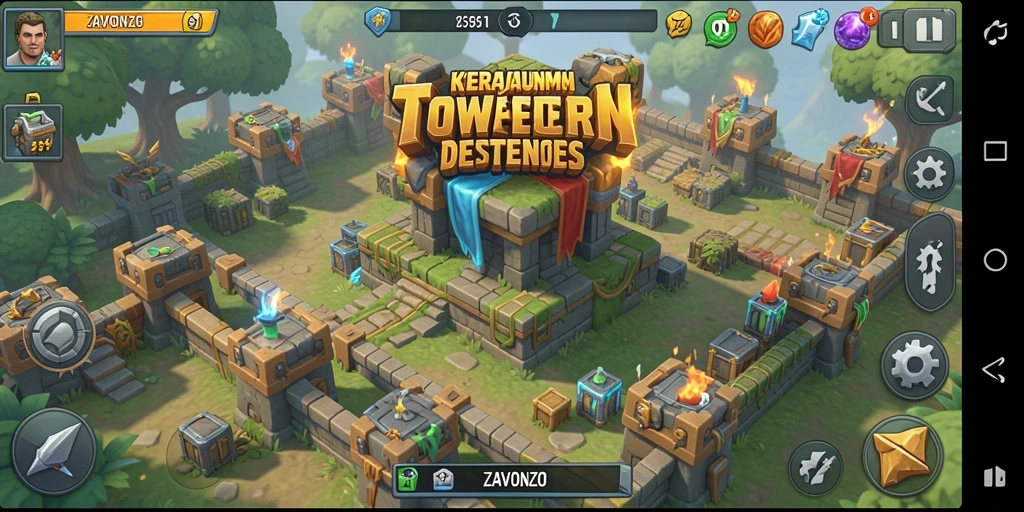 Tangkapan layar menampilkan pertempuran intens dalam ZAVONZO Tower Defense.